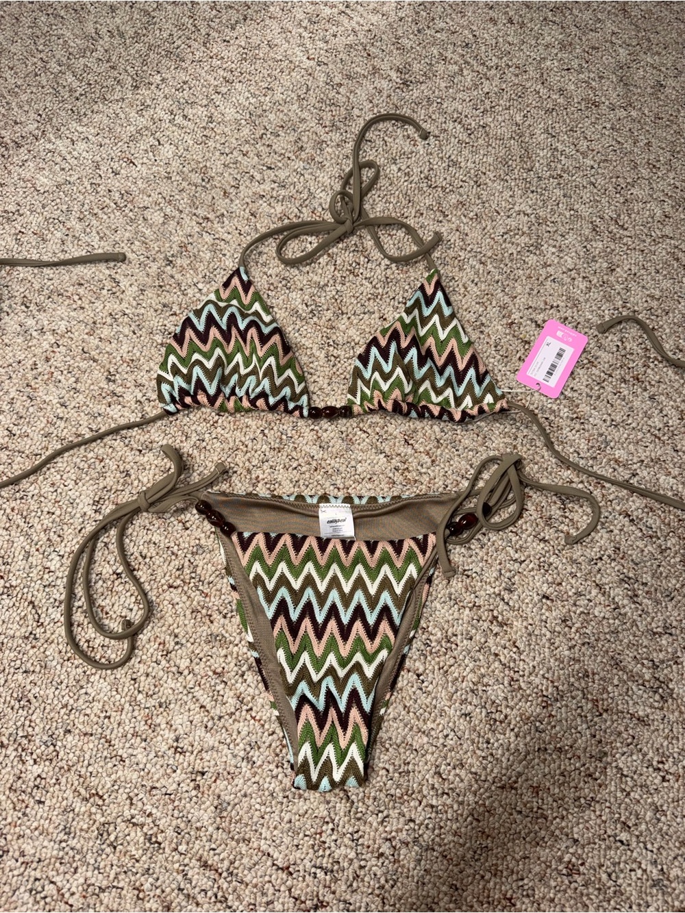 Edikted Chevron Zigzag Triangle Bikini Top & Tie Bottom - Olive, Pink, Whit